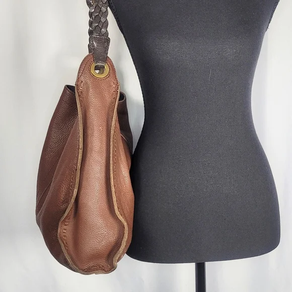 Lucky Brand Brown Pebbled Leather Hobo Bag Braided Strap Slouchy Shoulder Purse - Picture 6 of 12